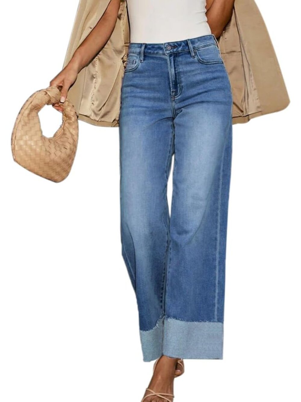 High Waisted Wide Leg Cuffed Jeans for Women Frayed Raw Hem 2026